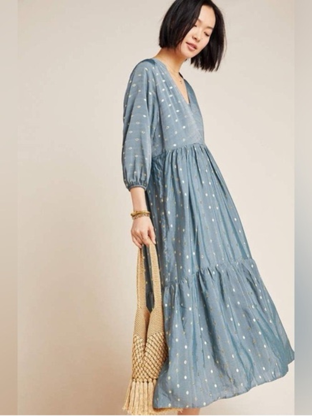 Anthropologie Napoli Tiered Maxi Women Embroidered Gold Dot Dress